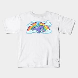 Whale flying in the middle of a rainbow Kids T-Shirt